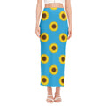 Blue Cute Sunflower Pattern Print Side Slit Maxi Skirt
