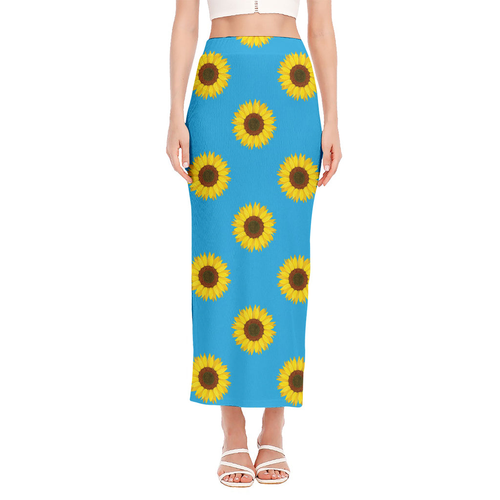 Blue Cute Sunflower Pattern Print Side Slit Maxi Skirt