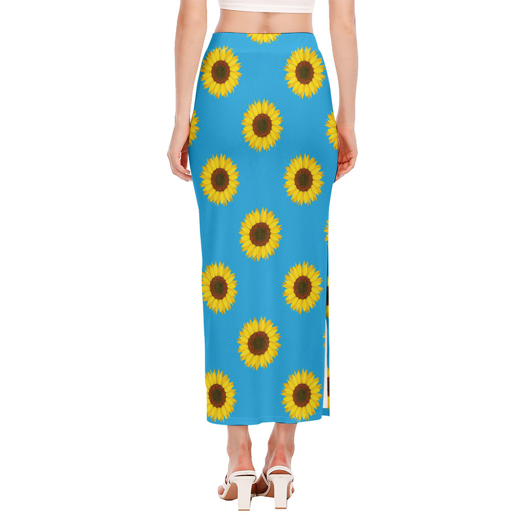 Blue Cute Sunflower Pattern Print Side Slit Maxi Skirt