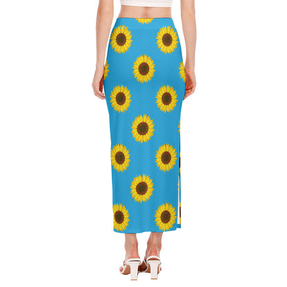 Blue Cute Sunflower Pattern Print Side Slit Maxi Skirt