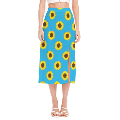 Blue Cute Sunflower Pattern Print Side Slit Midi Skirt
