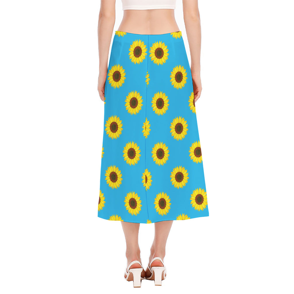 Blue Cute Sunflower Pattern Print Side Slit Midi Skirt