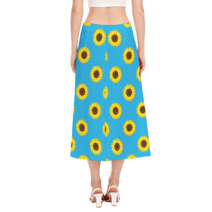 Blue Cute Sunflower Pattern Print Side Slit Midi Skirt