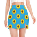 Blue Cute Sunflower Pattern Print Side Slit Mini Skirt
