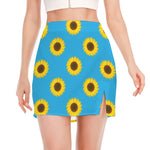 Blue Cute Sunflower Pattern Print Side Slit Mini Skirt