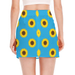 Blue Cute Sunflower Pattern Print Side Slit Mini Skirt