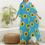 Blue Cute Sunflower Pattern Print Silk V-Neck Kaftan Dress
