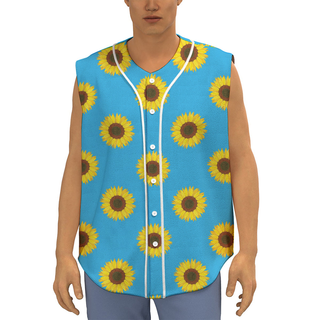 Blue Cute Sunflower Pattern Print Sleeveless Baseball Jersey