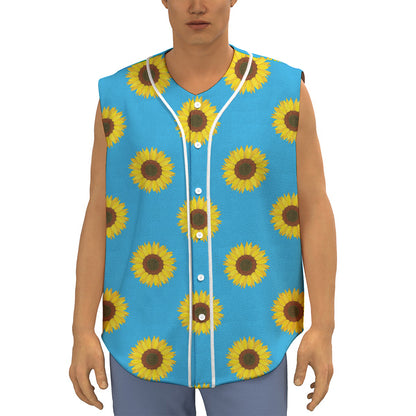 Blue Cute Sunflower Pattern Print Sleeveless Baseball Jersey