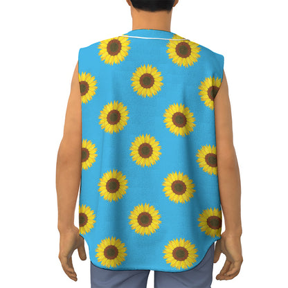 Blue Cute Sunflower Pattern Print Sleeveless Baseball Jersey