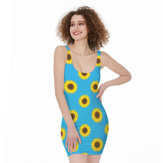 Blue Cute Sunflower Pattern Print Sleeveless Bodycon Dress