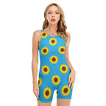 Blue Cute Sunflower Pattern Print Sleeveless One Piece Swimsuit