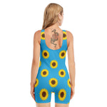 Blue Cute Sunflower Pattern Print Sleeveless One Piece Swimsuit