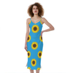 Blue Cute Sunflower Pattern Print Slim Fit Midi Cami Dress