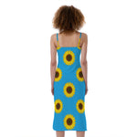 Blue Cute Sunflower Pattern Print Slim Fit Midi Cami Dress