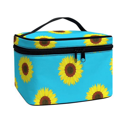 Blue Cute Sunflower Pattern Print Travel Makeup Bag