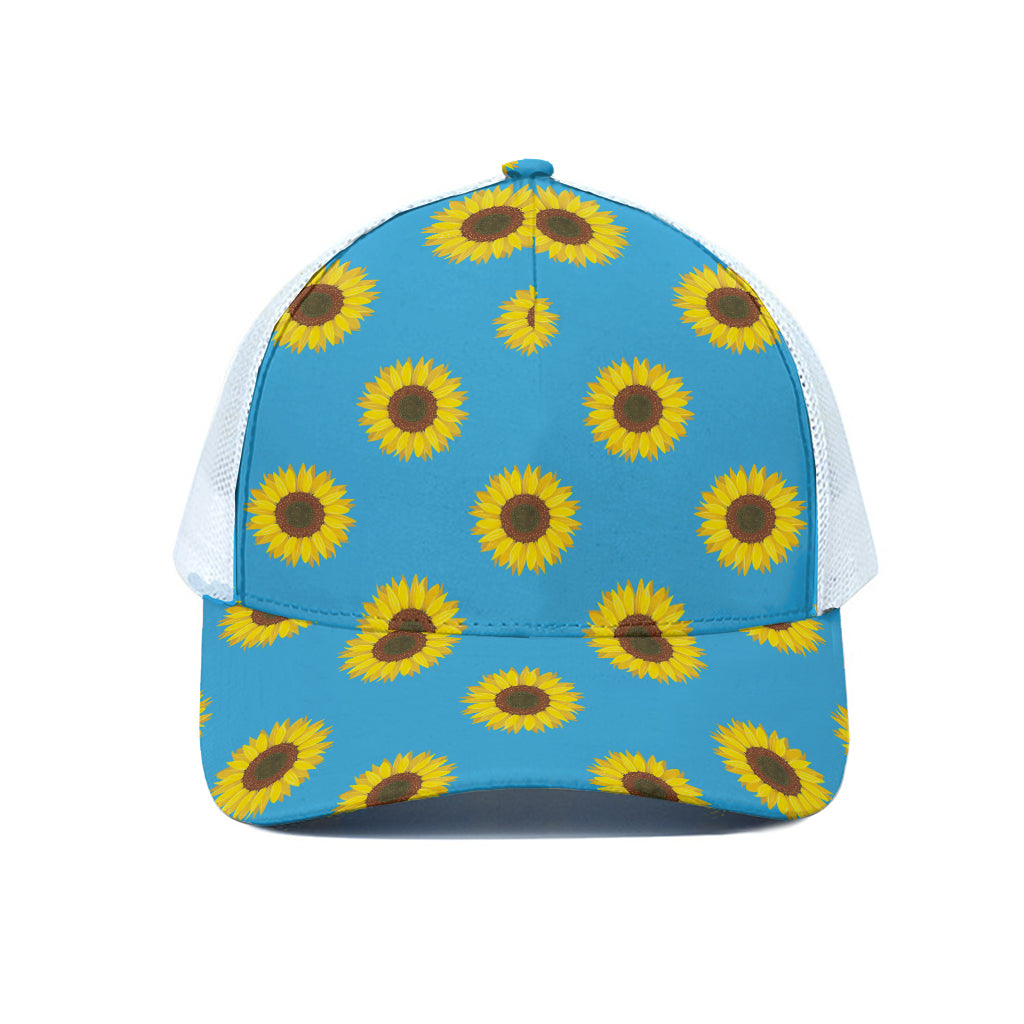 Blue Cute Sunflower Pattern Print White Mesh Trucker Cap