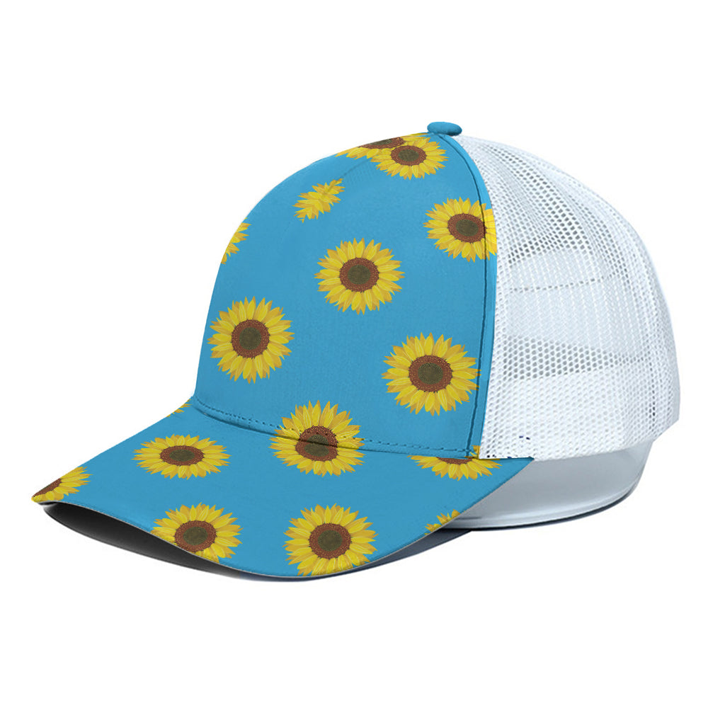Blue Cute Sunflower Pattern Print White Mesh Trucker Cap