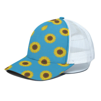 Blue Cute Sunflower Pattern Print White Mesh Trucker Cap