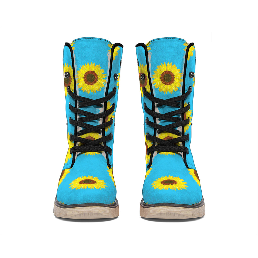 Blue Cute Sunflower Pattern Print Winter Boots