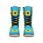 Blue Cute Sunflower Pattern Print Winter Boots