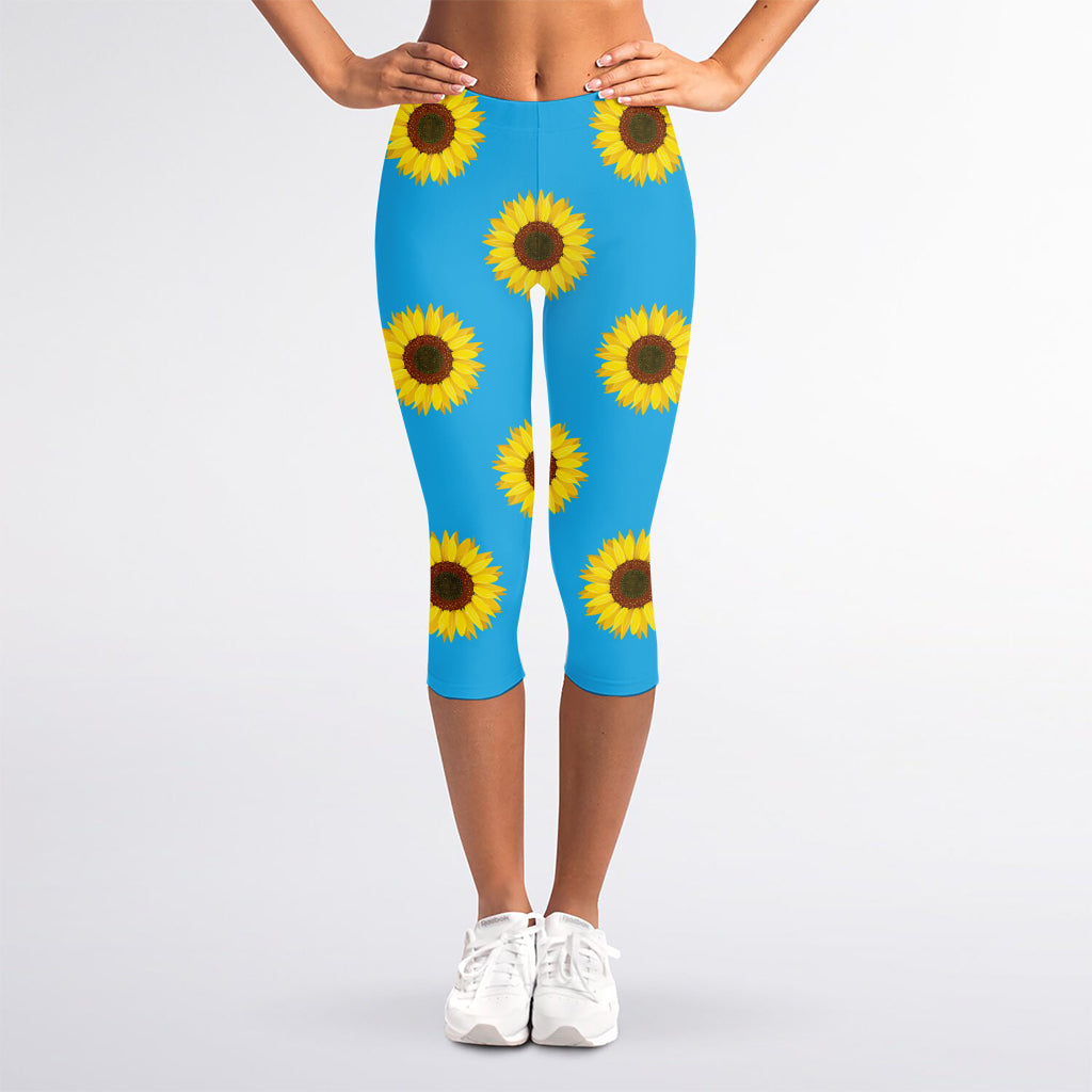 Blue Cute Sunflower Pattern Print Women's Capri Leggings