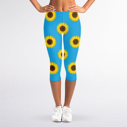 Blue Cute Sunflower Pattern Print Women's Capri Leggings