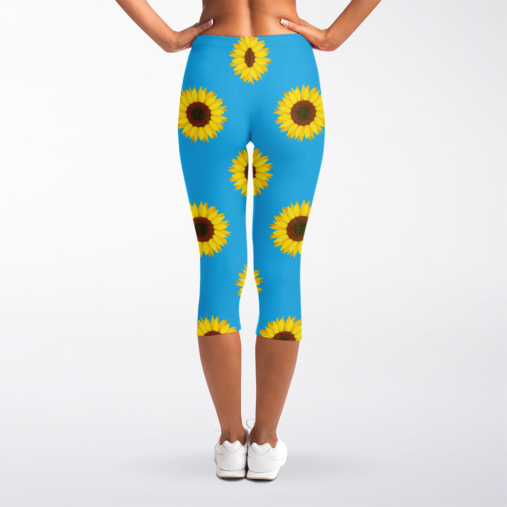 Blue Cute Sunflower Pattern Print Women's Capri Leggings
