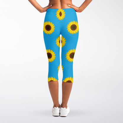 Blue Cute Sunflower Pattern Print Women's Capri Leggings