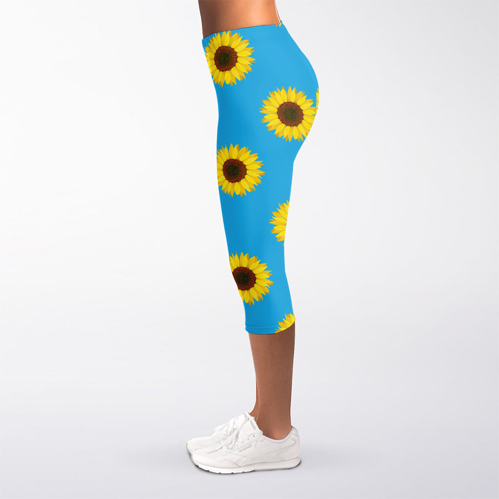 Blue Cute Sunflower Pattern Print Women's Capri Leggings