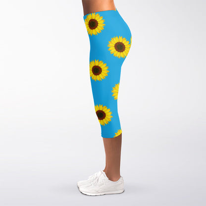 Blue Cute Sunflower Pattern Print Women's Capri Leggings