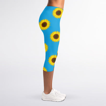 Blue Cute Sunflower Pattern Print Women's Capri Leggings
