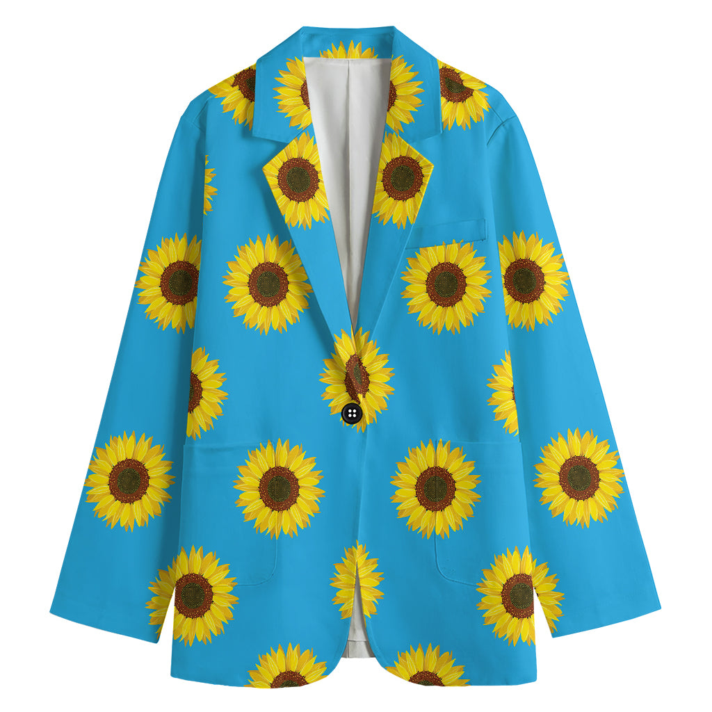 Blue Cute Sunflower Pattern Print Women's Cotton Blazer
