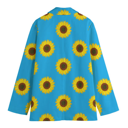 Blue Cute Sunflower Pattern Print Women's Cotton Blazer