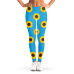 Blue Cute Sunflower Pattern Print Women's Leggings