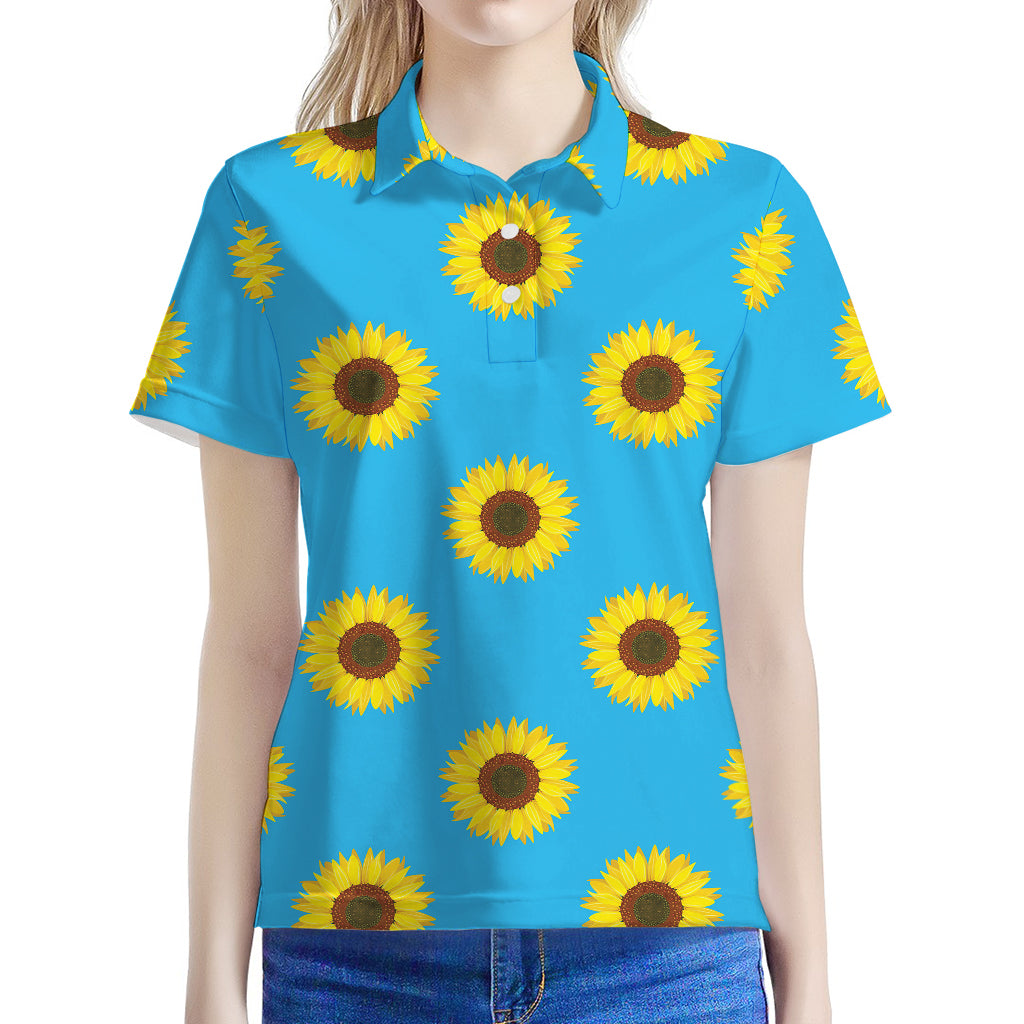 Blue Cute Sunflower Pattern Print Women's Polo Shirt