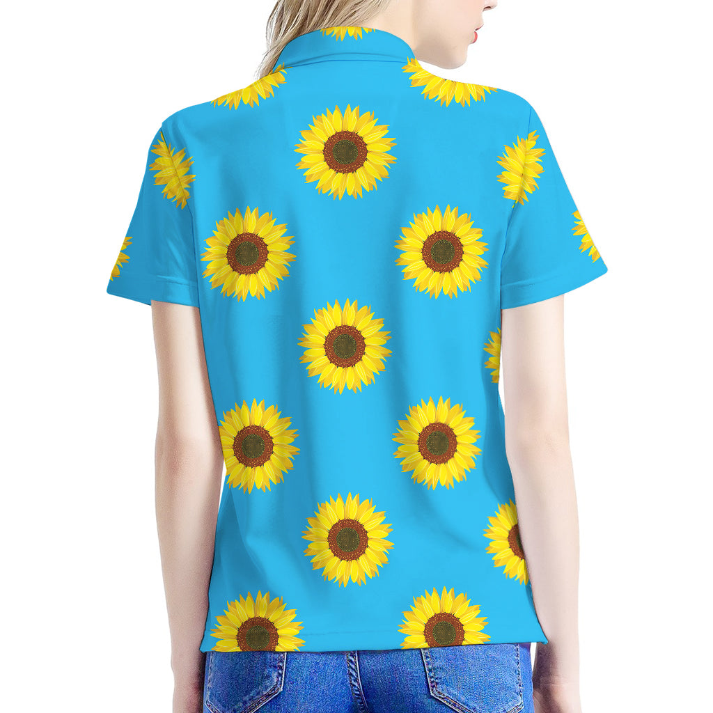 Blue Cute Sunflower Pattern Print Women's Polo Shirt