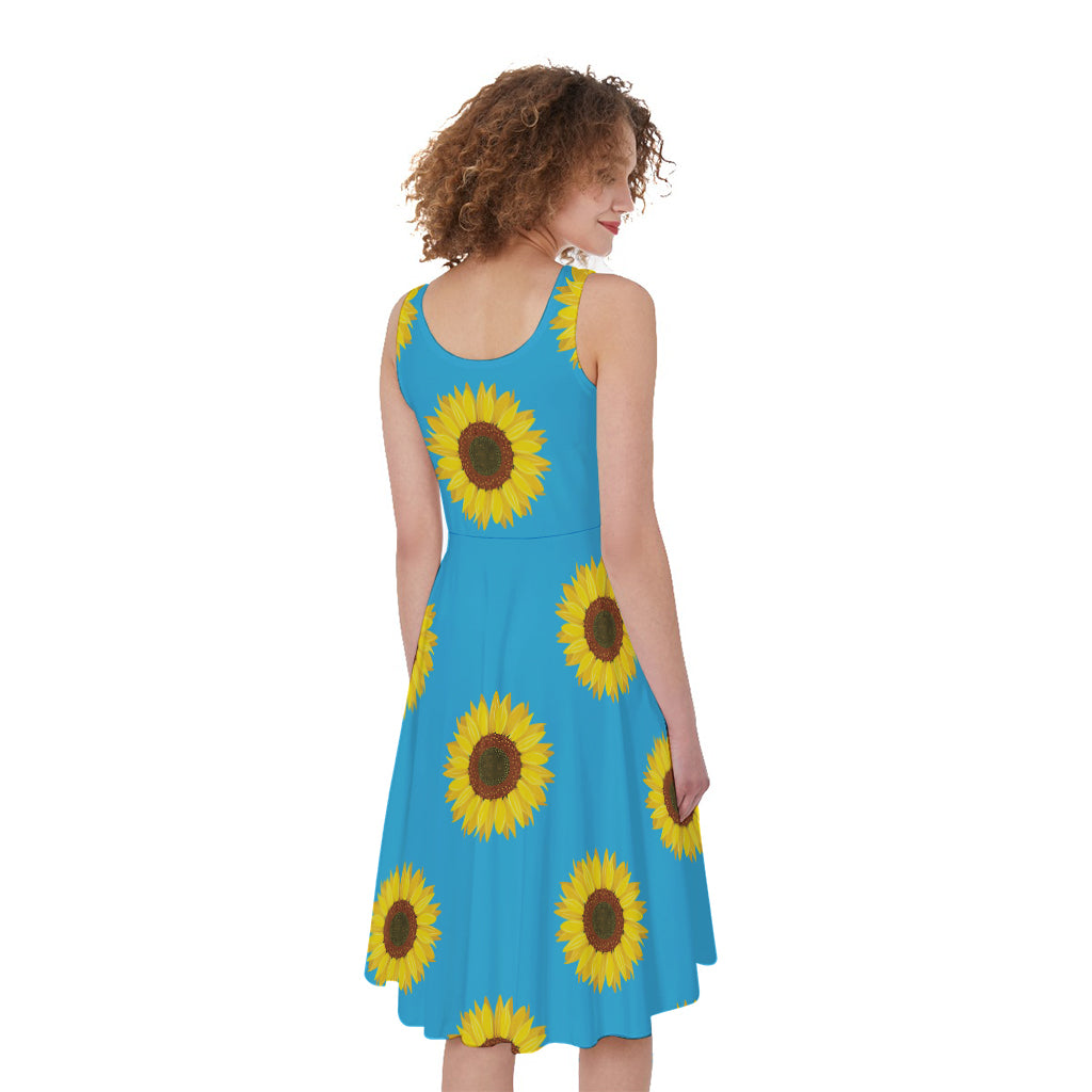 Blue Cute Sunflower Pattern Print Women's Sleeveless Dress