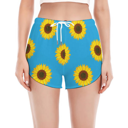 Blue Cute Sunflower Pattern Print Women's Split Running Shorts