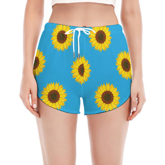 Blue Cute Sunflower Pattern Print Women's Split Running Shorts