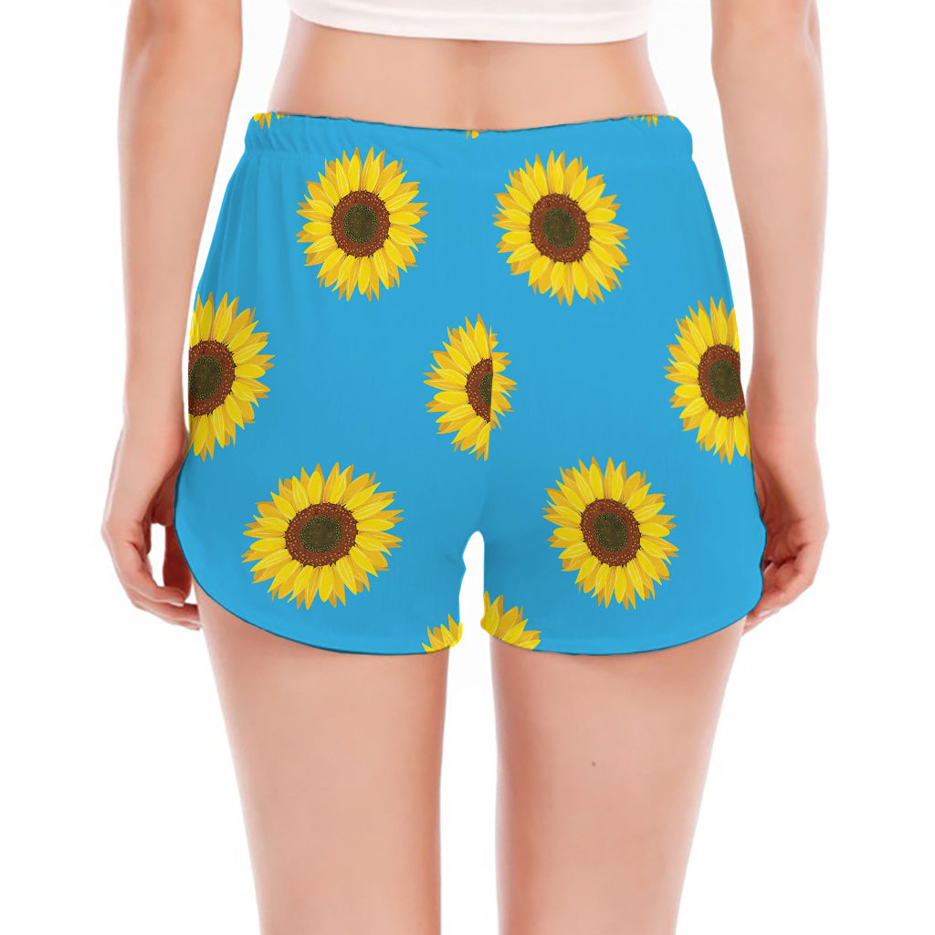 Blue Cute Sunflower Pattern Print Women's Split Running Shorts