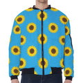 Blue Cute Sunflower Pattern Print Zip Sleeve Bomber Jacket