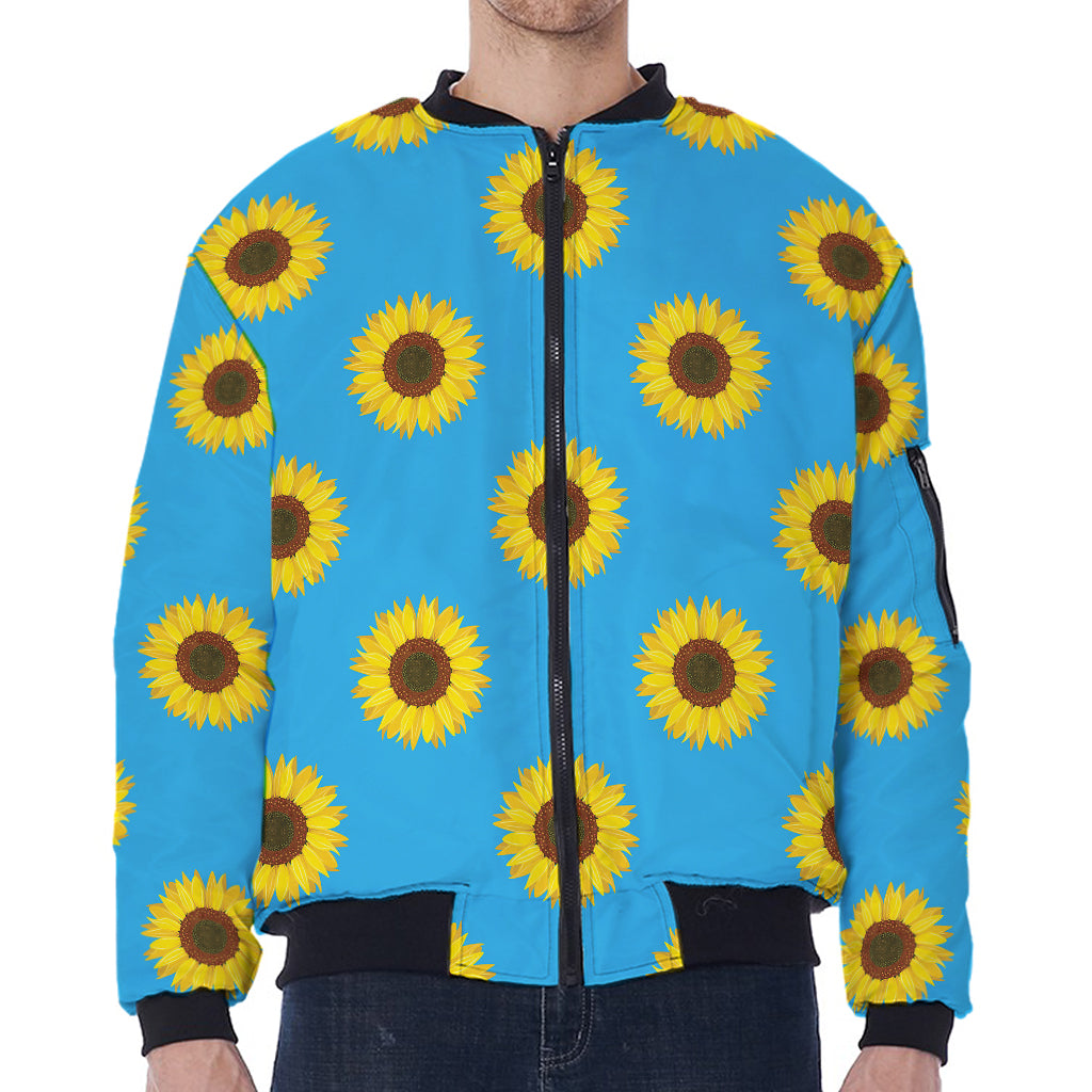 Blue Cute Sunflower Pattern Print Zip Sleeve Bomber Jacket