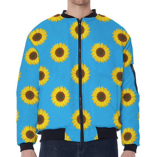 Blue Cute Sunflower Pattern Print Zip Sleeve Bomber Jacket