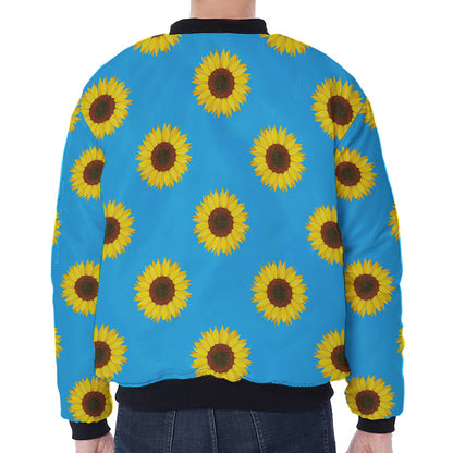 Blue Cute Sunflower Pattern Print Zip Sleeve Bomber Jacket