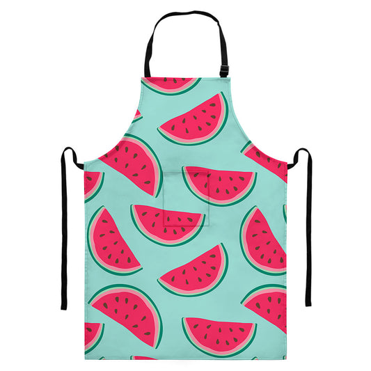 Blue Cute Watermelon Pattern Print Bib Apron With Pocket