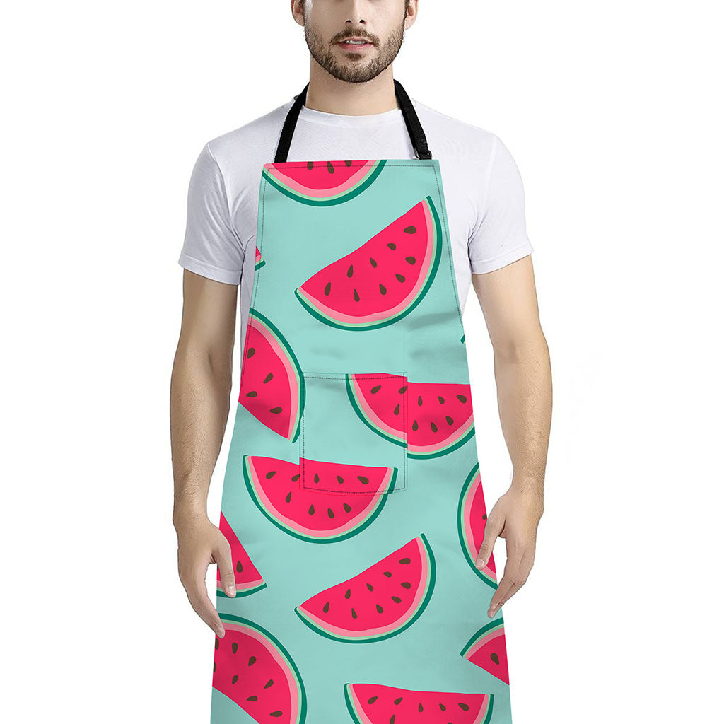 Blue Cute Watermelon Pattern Print Bib Apron With Pocket