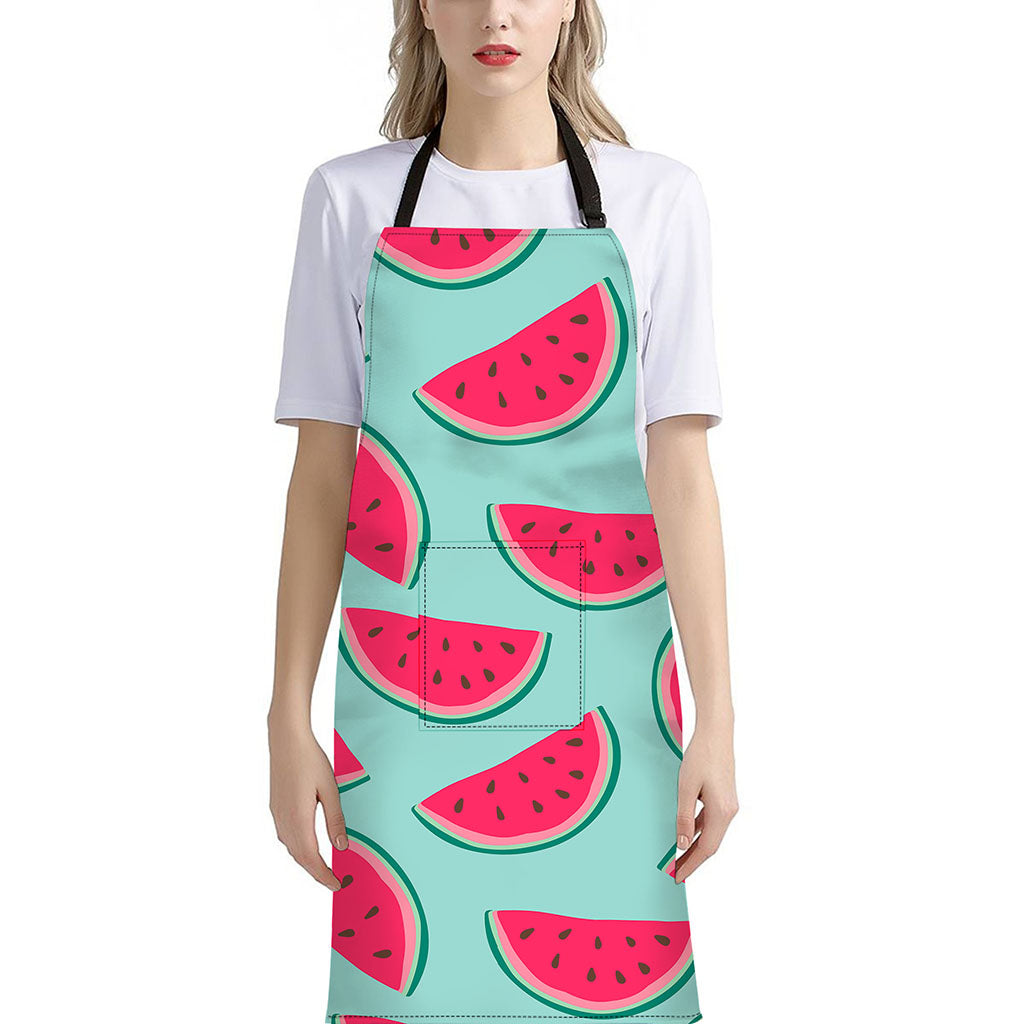 Blue Cute Watermelon Pattern Print Bib Apron With Pocket
