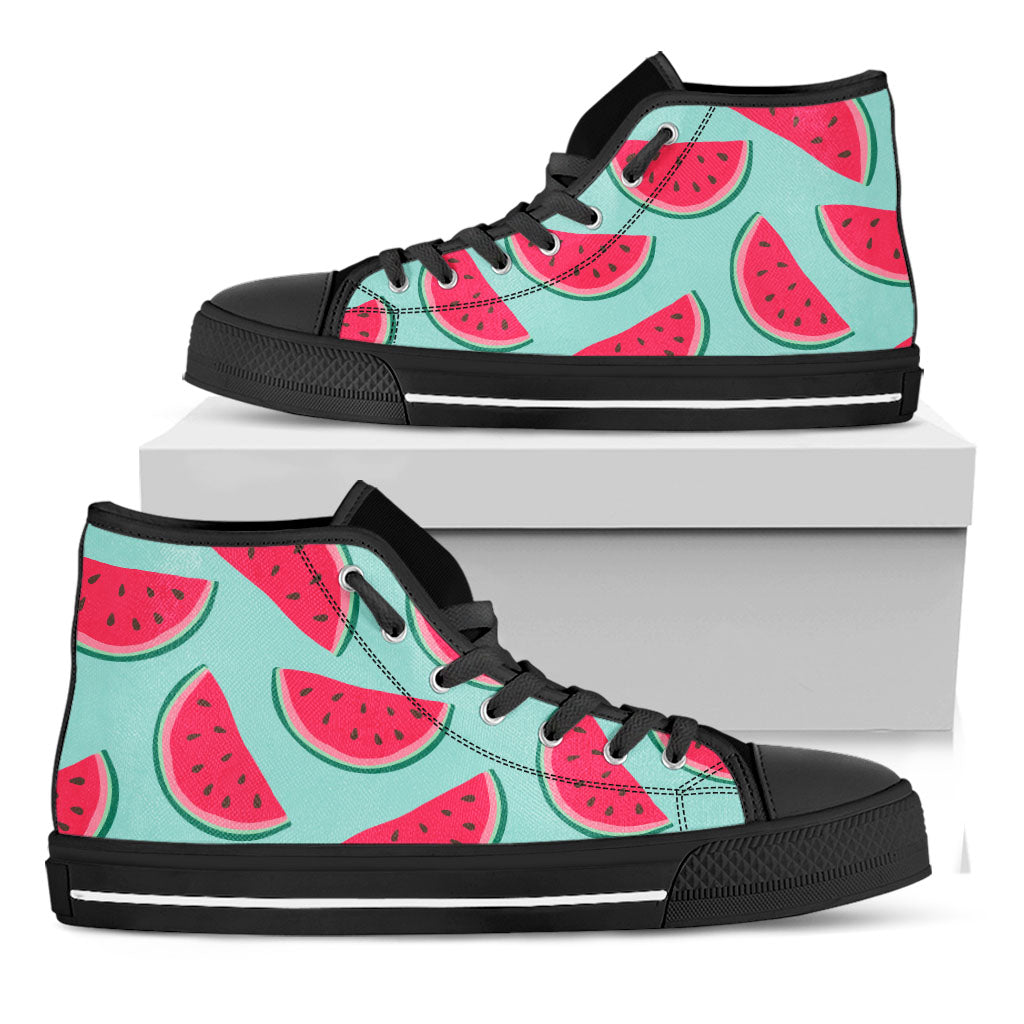 Blue Cute Watermelon Pattern Print Black High Top Sneakers