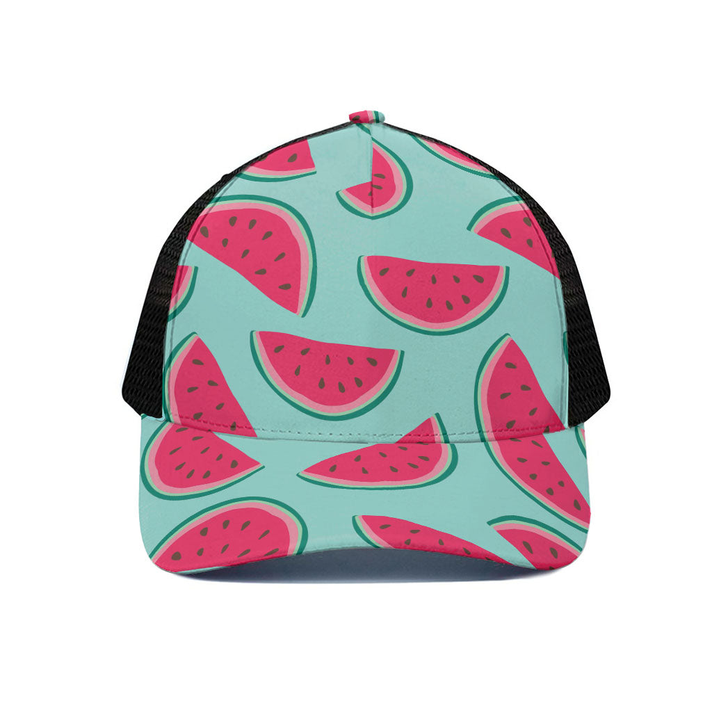 Blue Cute Watermelon Pattern Print Black Mesh Trucker Cap